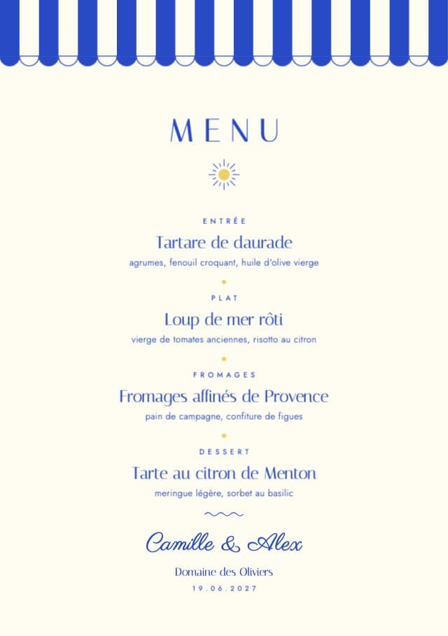 Vista previa del diseño Menú del banquete de la colección Riviera